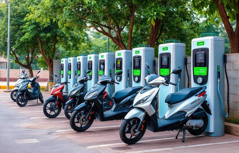 Electric vehicles at charging station under PM E-DRIVE scheme in India