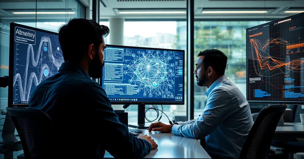Data scientists reviewing neural network visualisations on monitors in a modern office