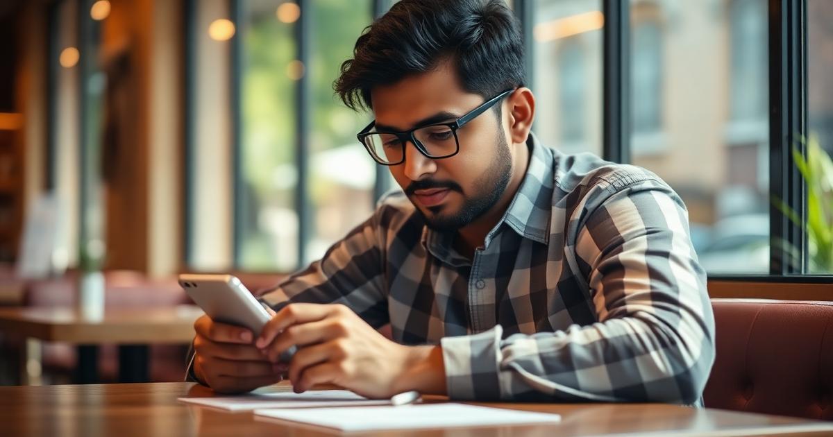 Young Indian investor checking a stock trading app on a smartphone at a cafe