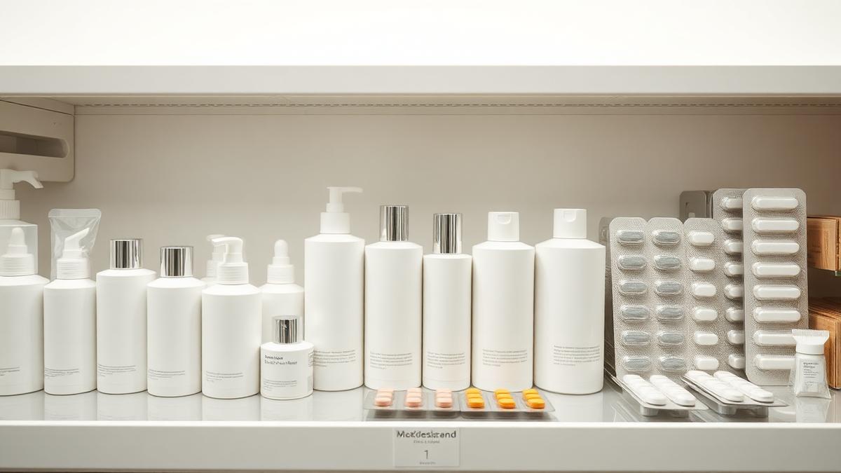 Unbranded skincare bottles and pharmacy blister packs on a clean retail shelf