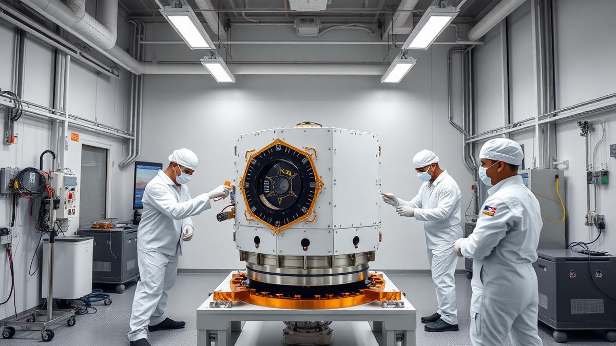 Engineers in clean-room coveralls assembling a small satellite servicing module