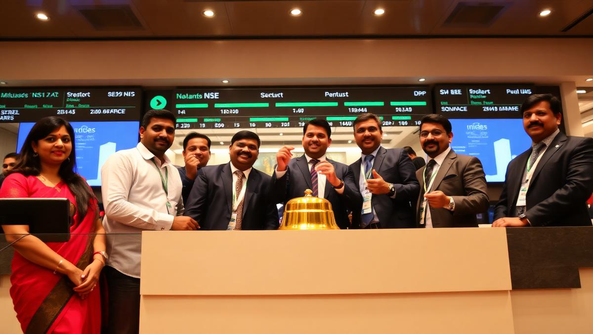 Stock exchange trading floor screens showing listing data in India