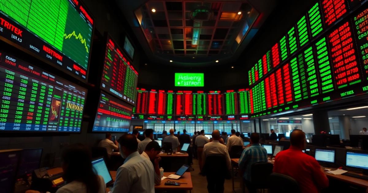 Indian stock exchange trading floor with large screens showing price charts