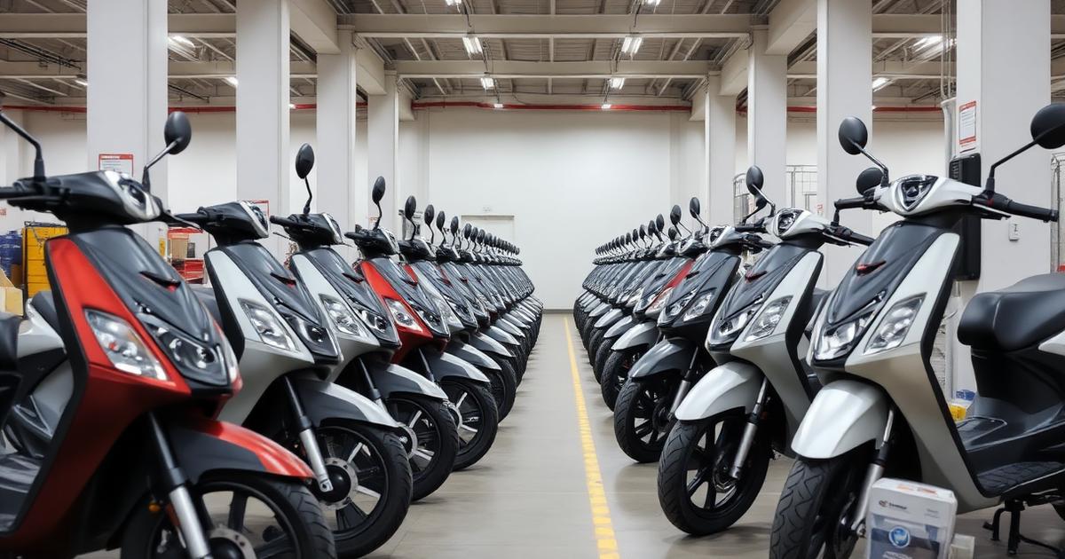 Row of two-wheeler electric scooters parked in an Indian fleet depot