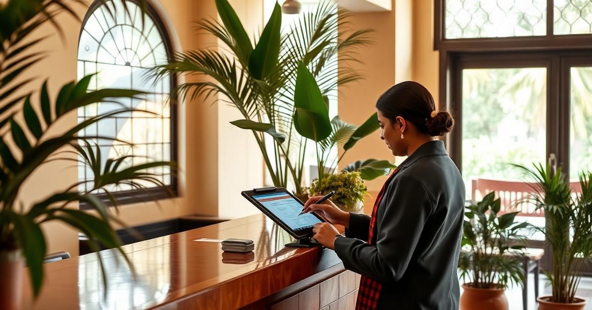 Hotel receptionist checking in a guest on a tablet at a boutique property in Goa