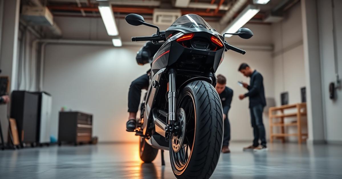 Electric motorcycle prototype being inspected by engineers in a design studio
