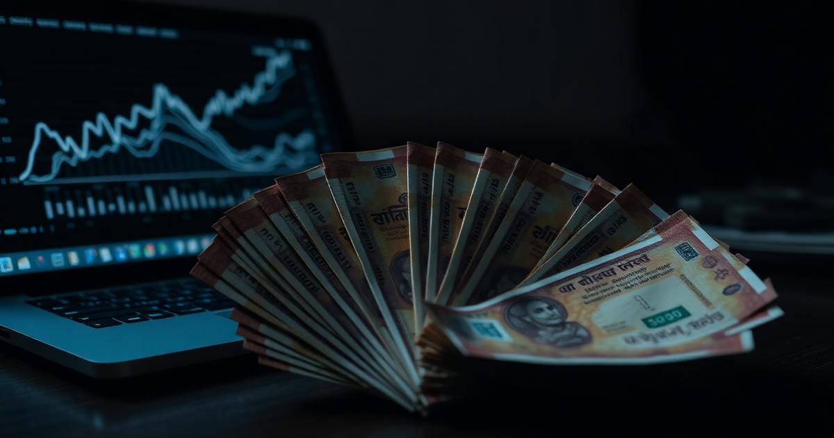Indian rupee banknotes fanned beside a laptop showing rising financial charts