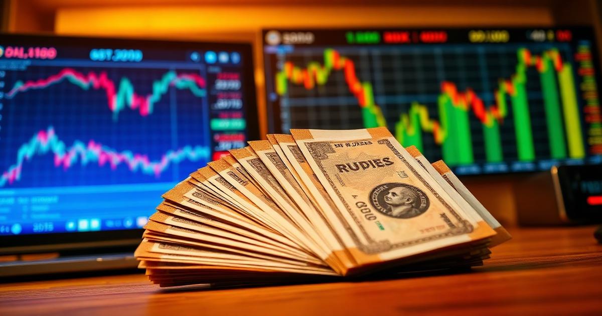 Indian rupee notes stacked in front of stock market charts on trading screens