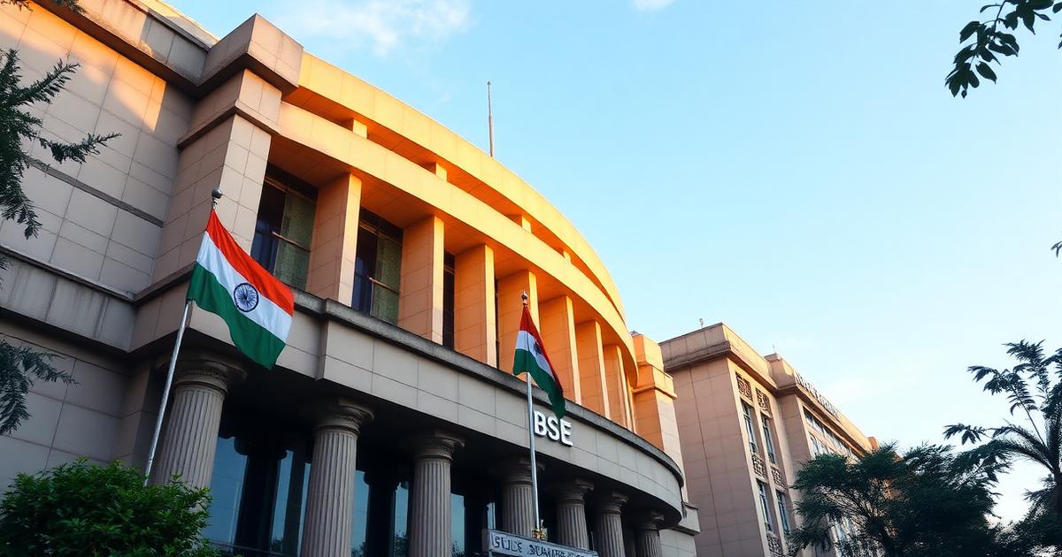 Mumbai Bombay Stock Exchange building with Indian tricolour flags at dawn