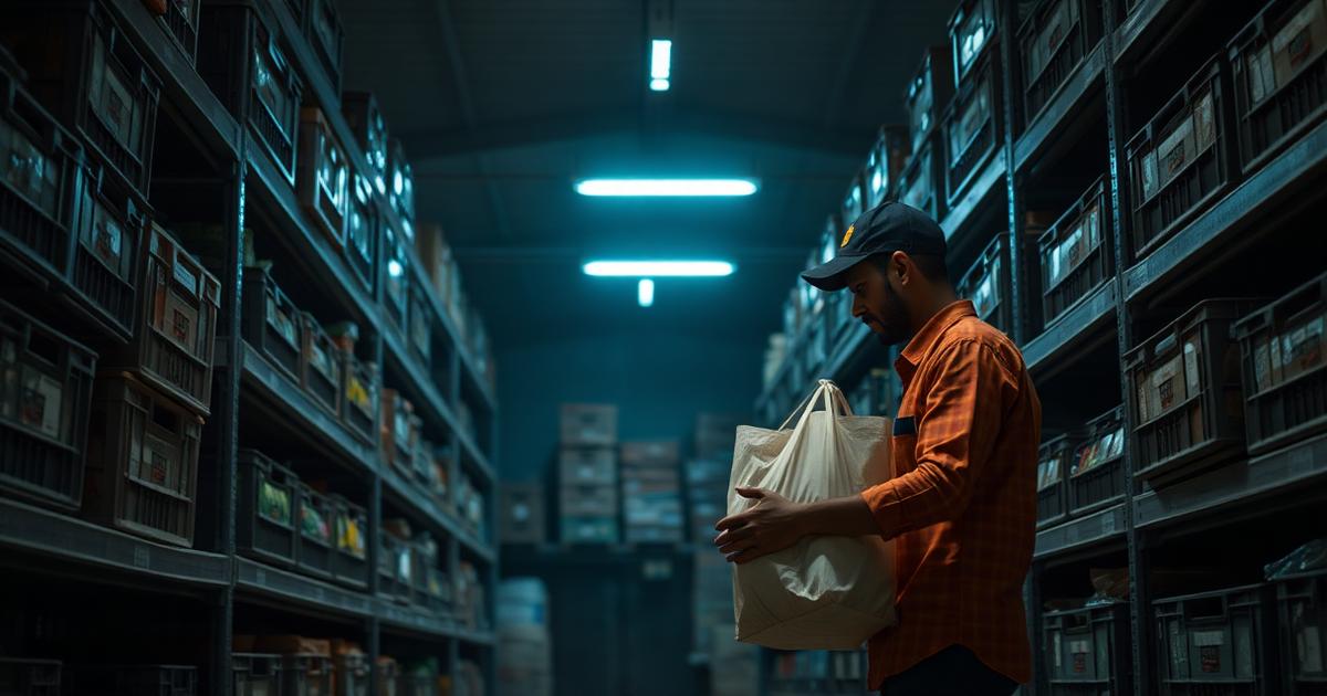 Worker packing an unbranded grocery bag inside a quick commerce dark store